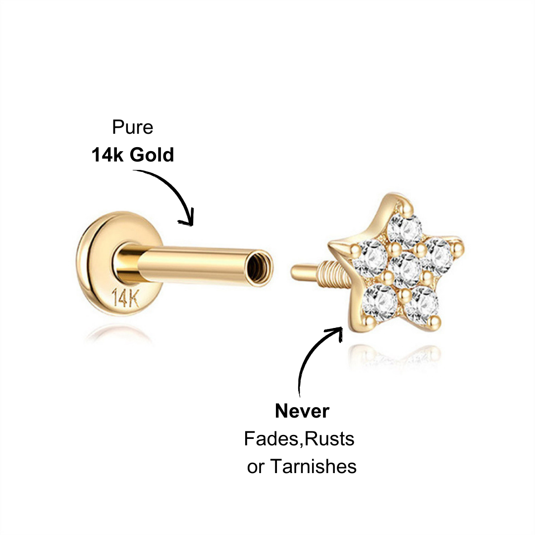 (Single) 14K Solid Gold Star Stud Earring with Zirconia