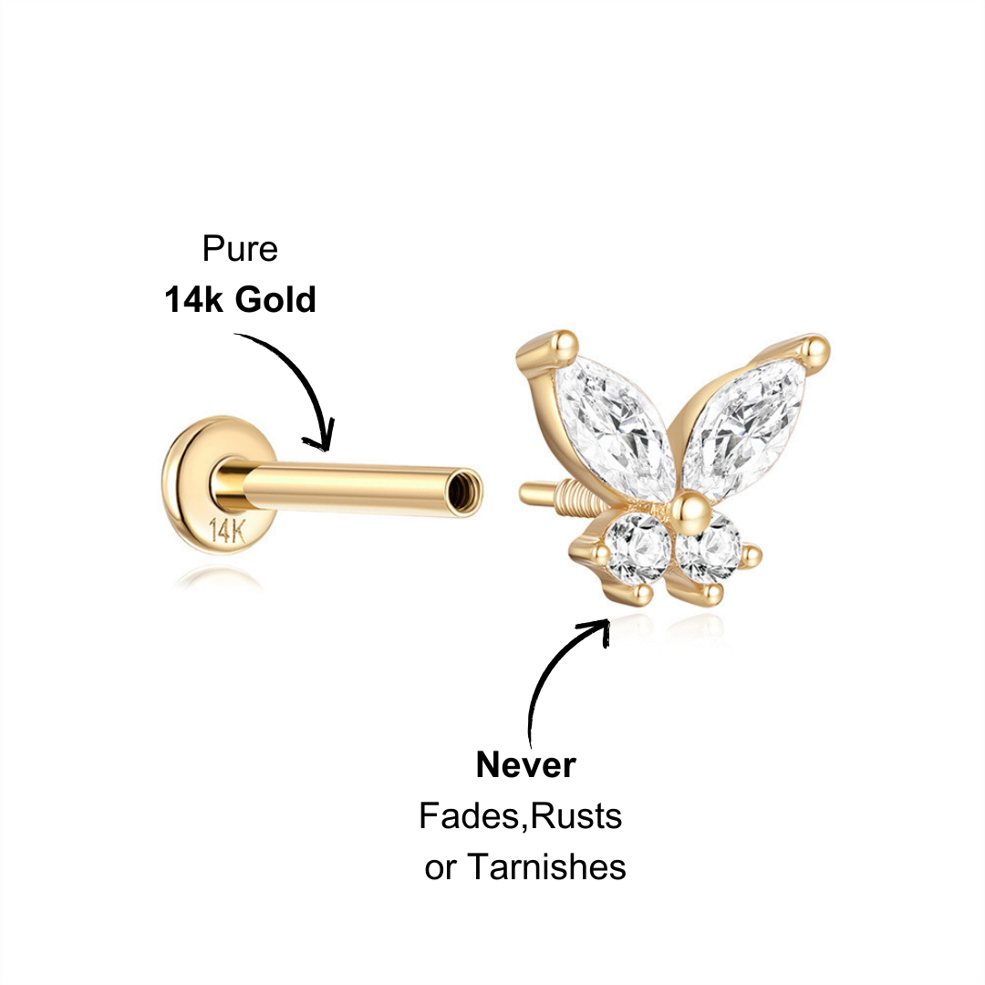 (Single) 14K Solid Gold Butterfly Stud Earring with Zirconia