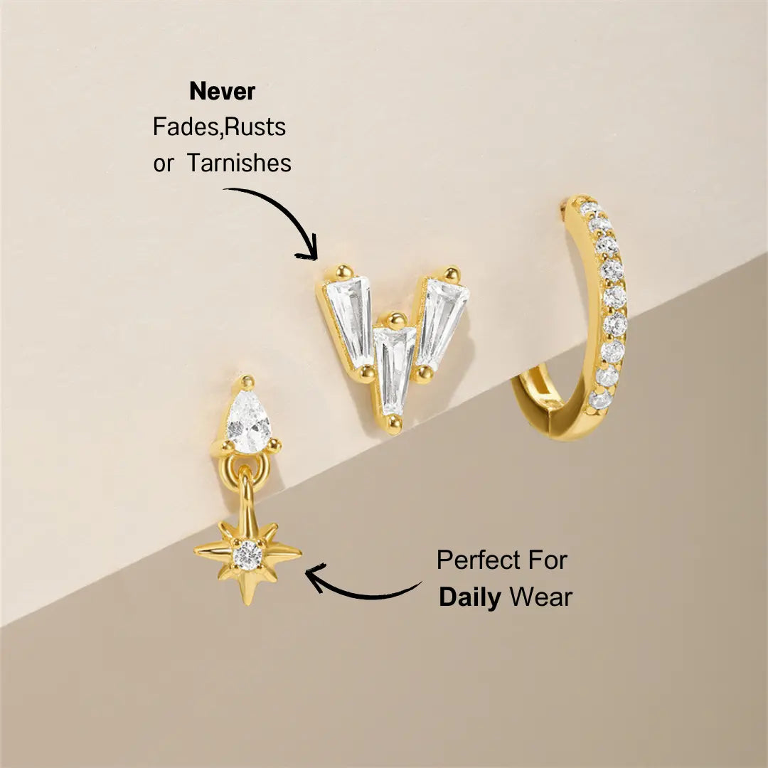 925 Sterling Silver Star Drop and Zircon Hoop Earring Set