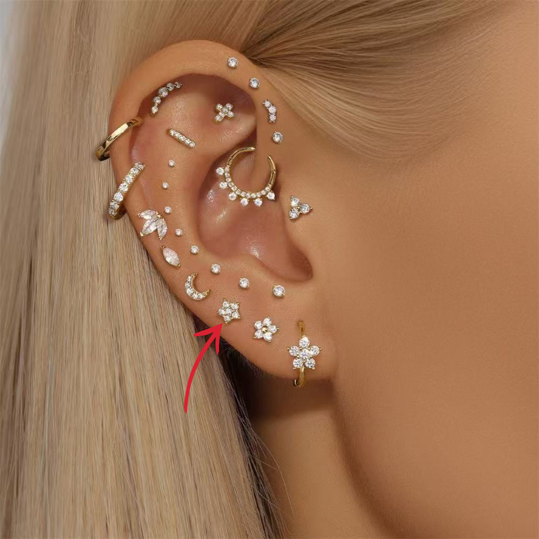 (Single) 14K Solid Gold Star Stud Earring with Zirconia