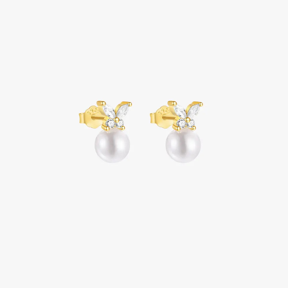 925 Sterling Silver Pearl Butterfly Stud Earrings with Zirconia