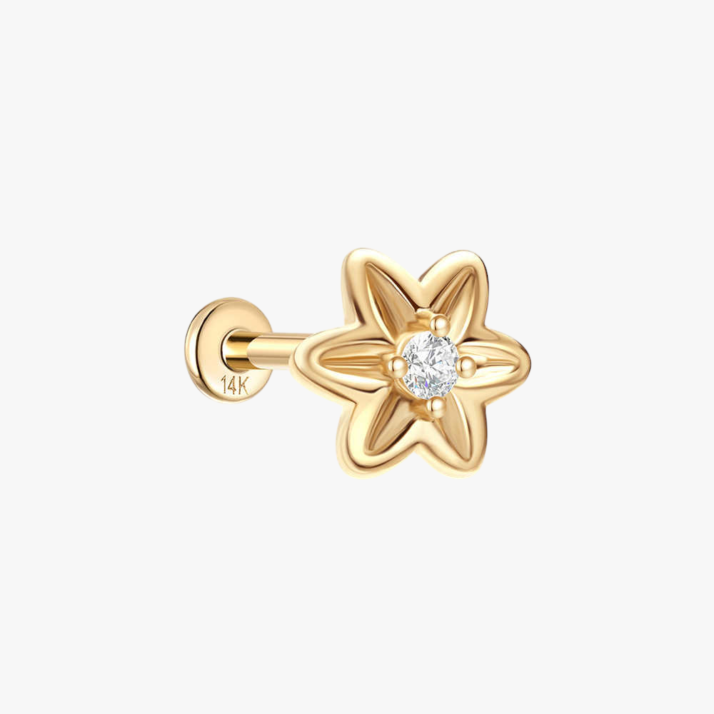 (Single) 14K Solid Gold Flower Stud Earring with Zirconia