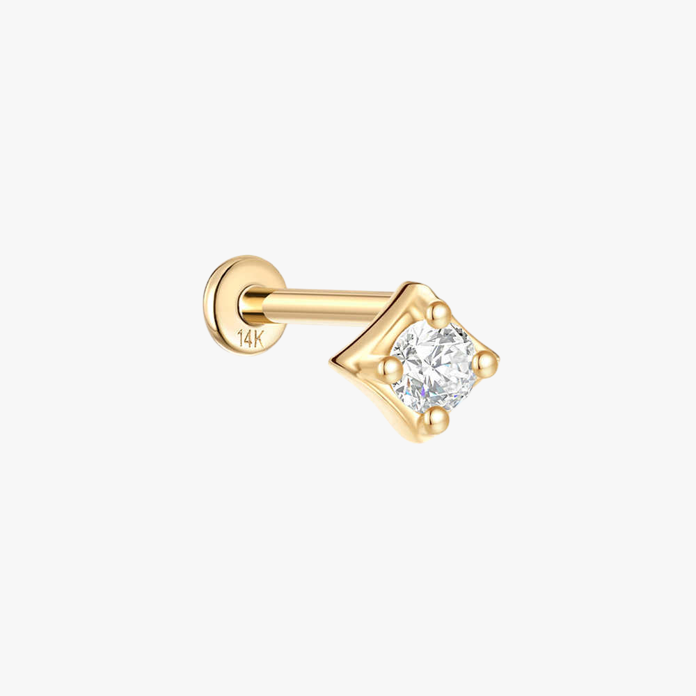 (Single) 14K Solid Gold Square Stud Earring with Zirconia