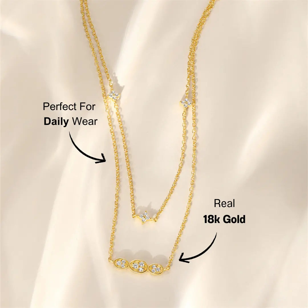 Double-Layer Clover and Oval Zirconia Necklace