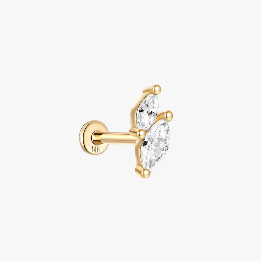 (Single) 14K Solid Gold Double Marquise-cut Zirconia Stud Earring