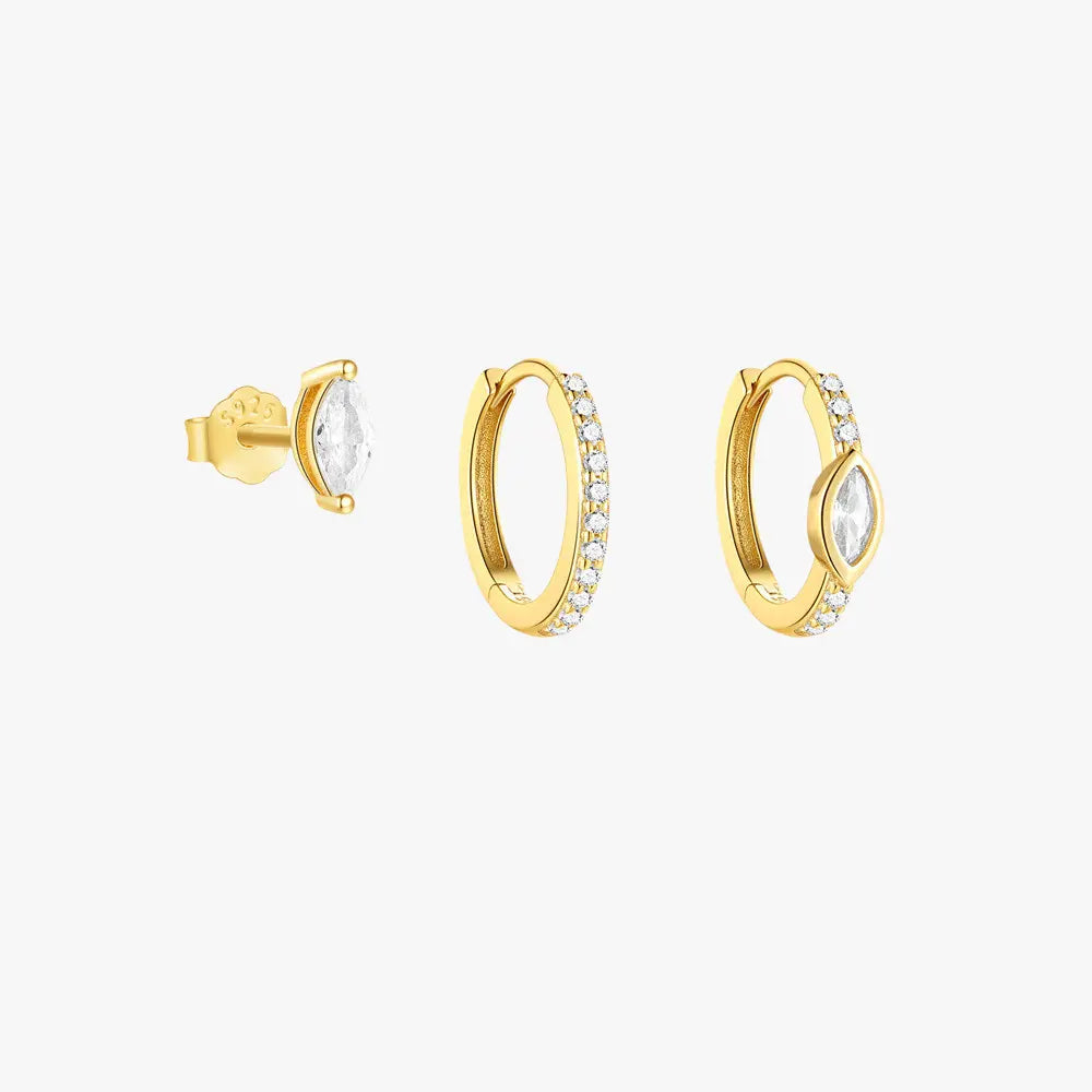 925 Sterling Silver Zirconia Hoop & Marquise Stud Earrings Set