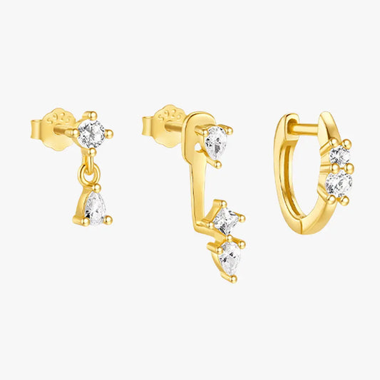 Three-piece gold-plated earring set with cubic zirconia and pear-cut crystal dangle design