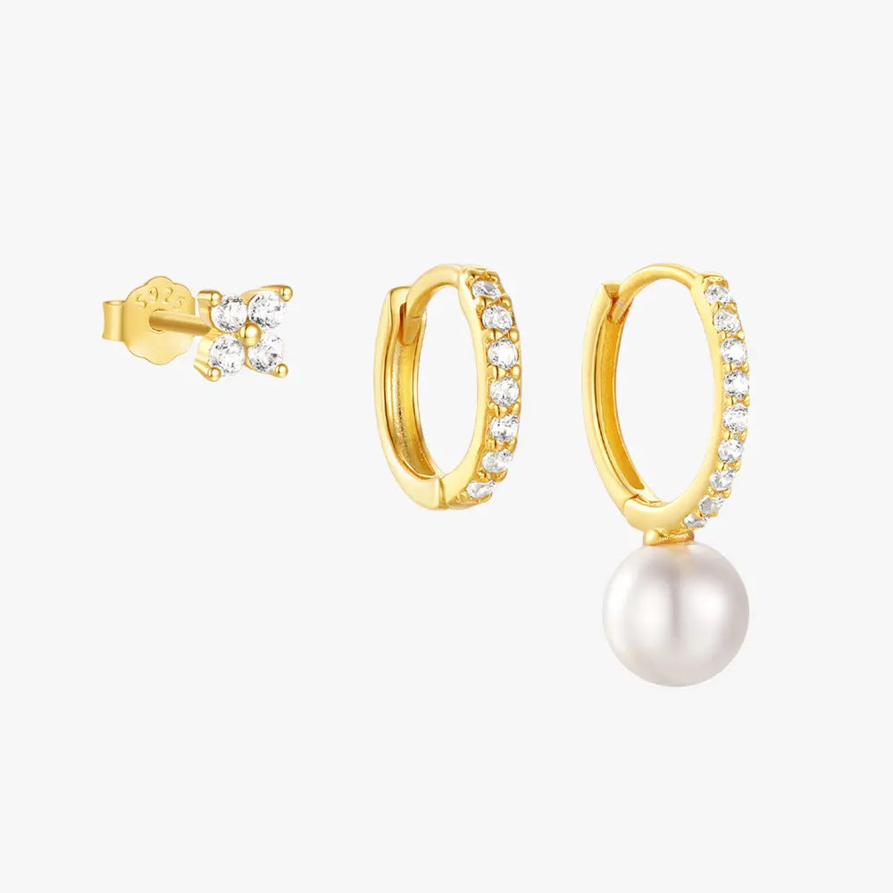 Gold hoop and stud earrings set featuring cubic zirconia and a pearl drop, made of 925 sterling silver.