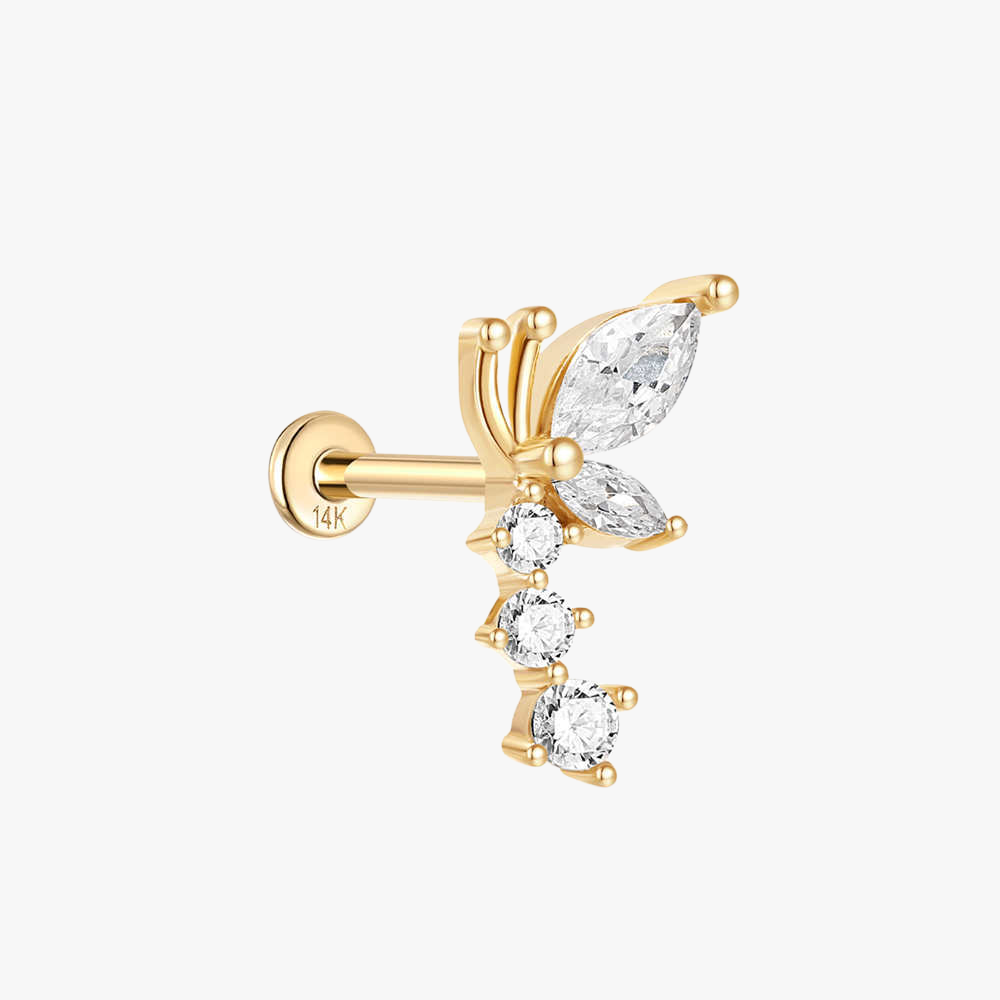 (Single) 14K Solid Gold Fairy Wing Stud Earring with Zirconia