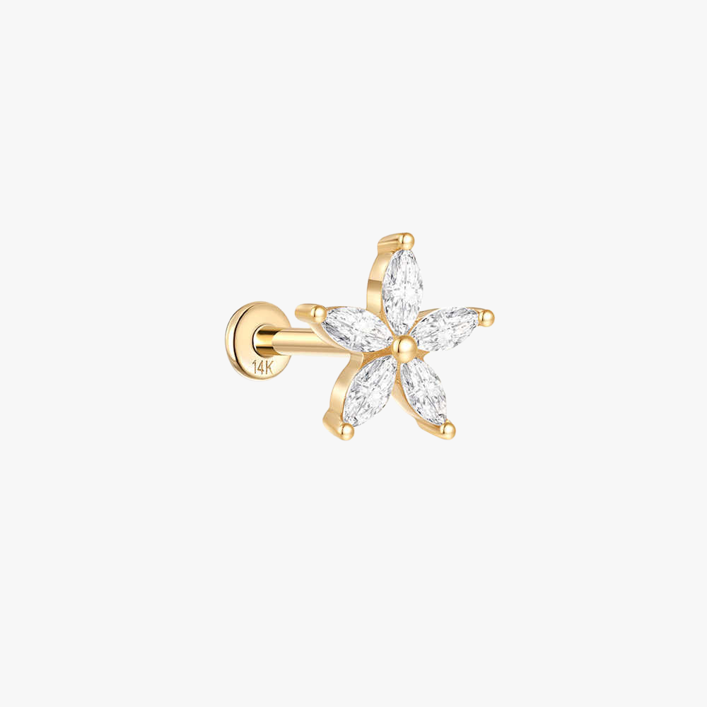 (Single) 14K Solid Gold Marquise-cut Flower Stud Earring with Zirconia