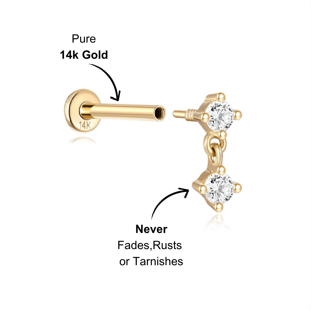 (Single) 14K Solid Gold Double Zirconia Dangling Stud Earring