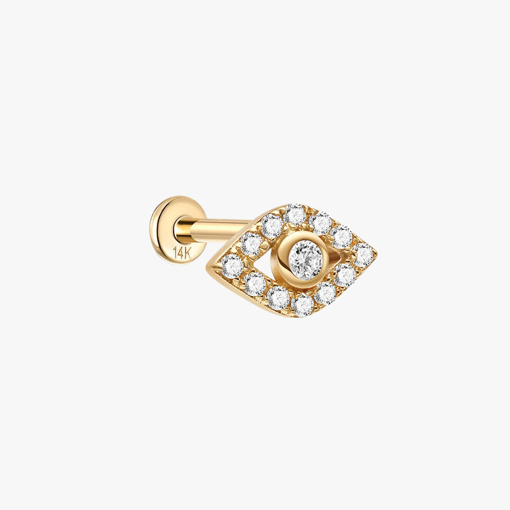 (Single) 14K Solid Gold Evil Eye Stud Earring with Zirconia