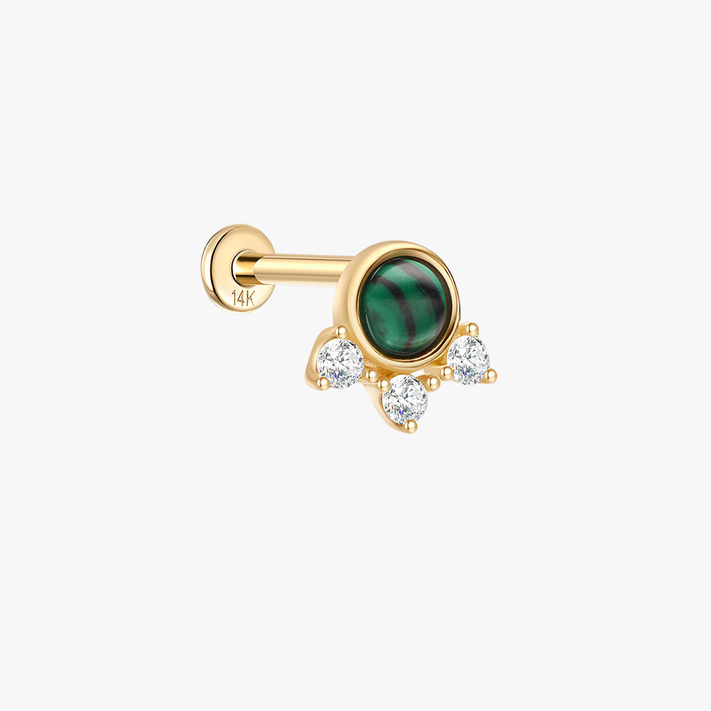 (Single) 14K Solid Gold Earring with Green Stone and Zirconia