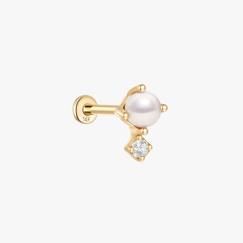 (Single) 14K Solid Gold Pearl and Zirconia Stud Earring