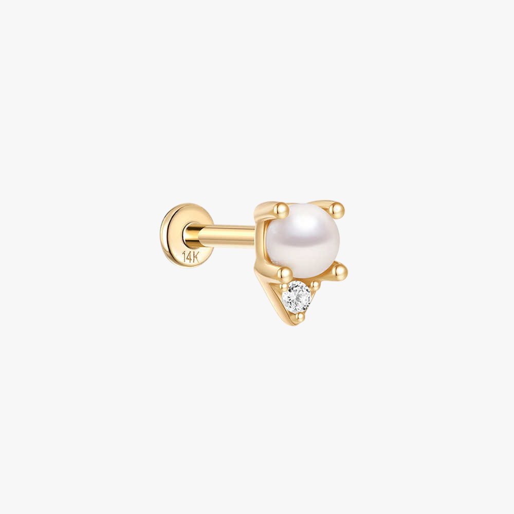 (Single) 14K Gold Pearl and Zirconia Stud Earring