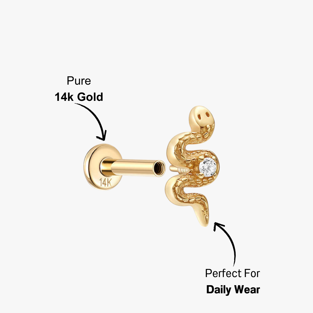 (Single) 14K Solid Gold Snake Stud Earring with Zirconia