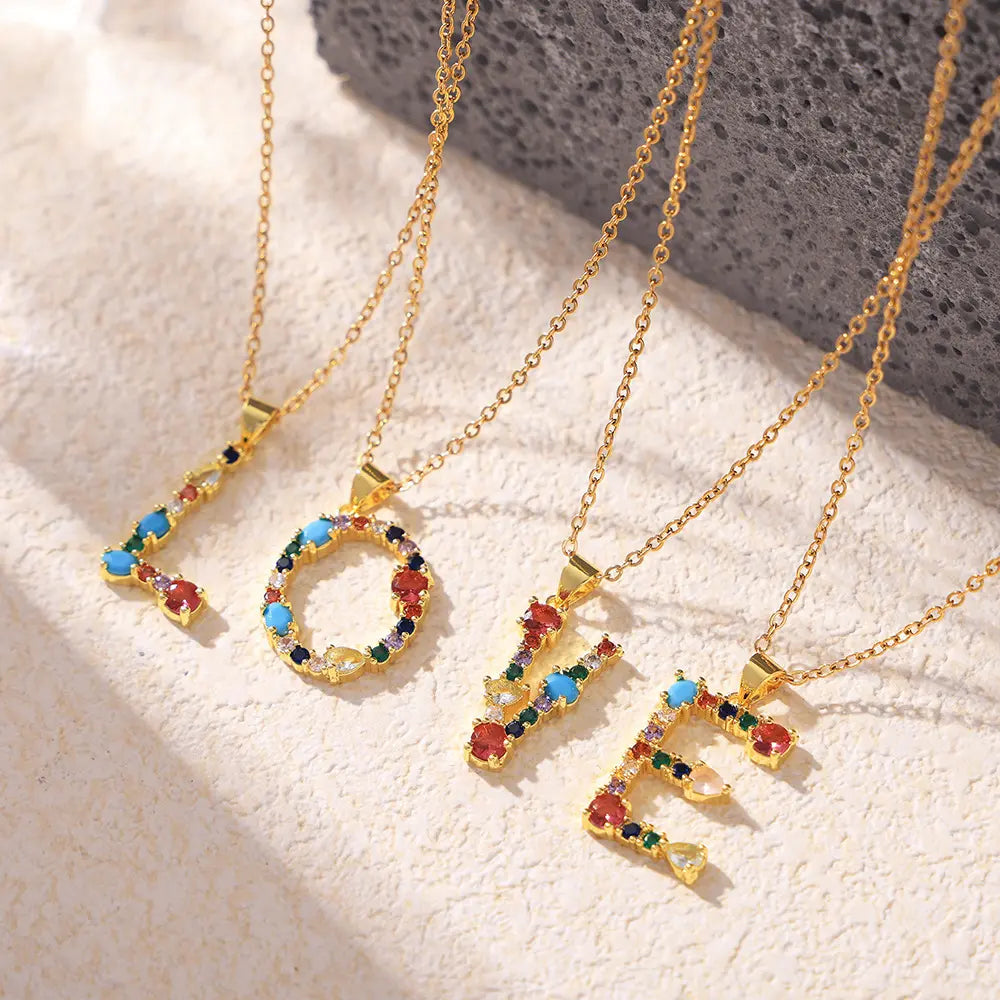 Colorful Zircon Letter Pendant Necklace - Alphabet Collection