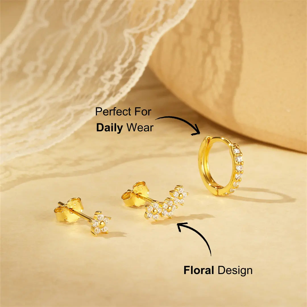 925 Sterling Silver Zircon Floral Stud and Crystal Hoop Earring Set