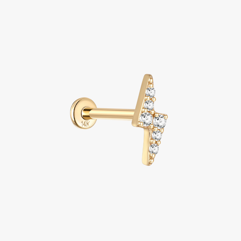 (Single) 14K Solid Gold Lightning Bolt Stud Earring with Zirconia