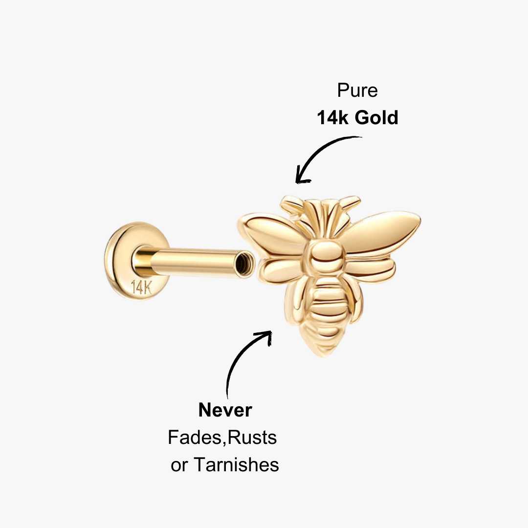 (Single) 14K Solid Gold Bee Stud Earring