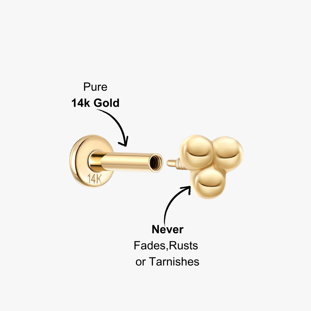 (Single) 14K Solid Gold Three-ball Stud Earring