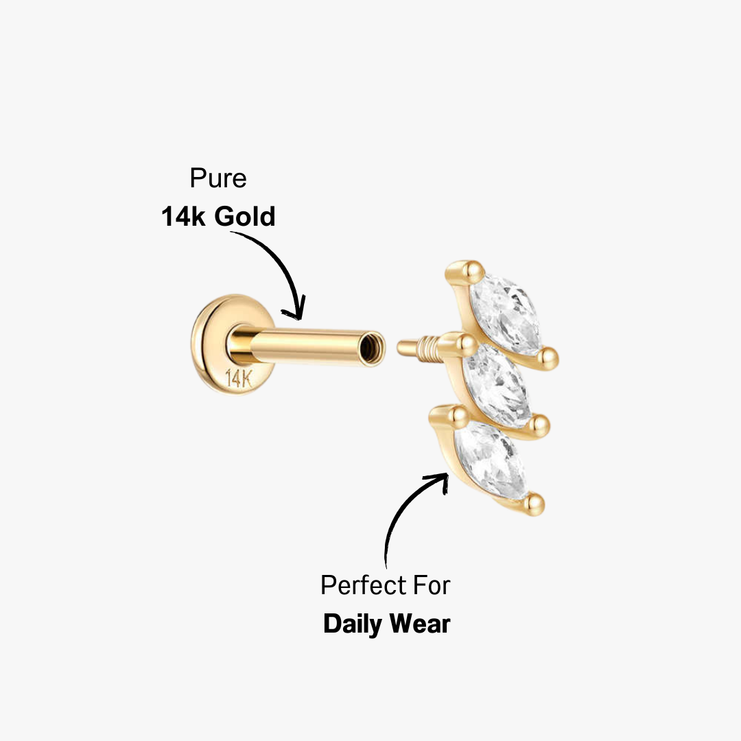 (Single) 14K Solid Gold Marquise-cut Zirconia Stud Earring