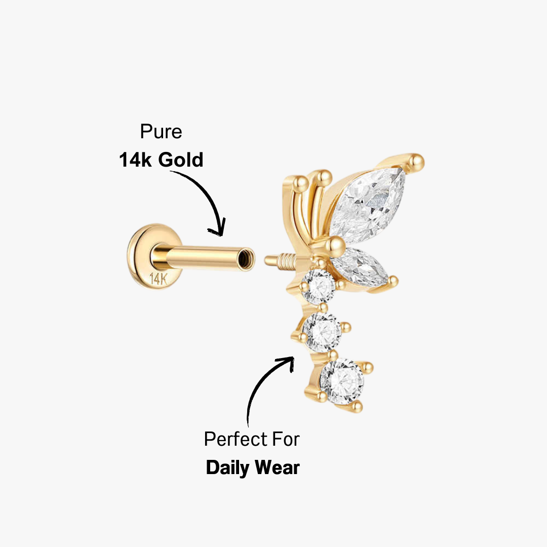 (Single) 14K Solid Gold Fairy Wing Stud Earring with Zirconia