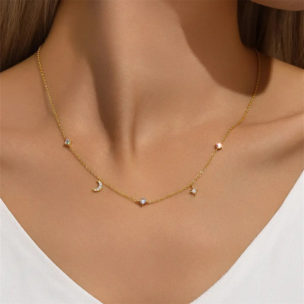 925 Sterling Silver Star & Moon Colored Zirconia Necklace