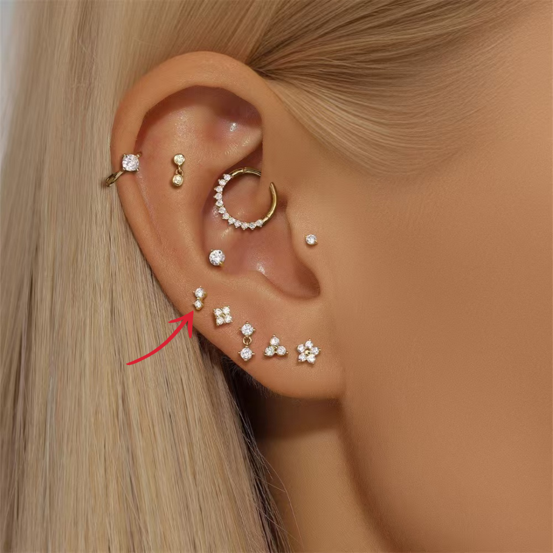 (Single) 14K Solid Gold Double Zirconia Stud Earring