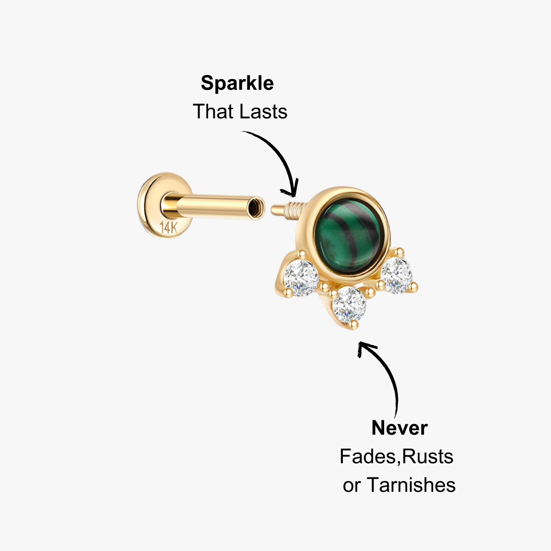 (Single) 14K Solid Gold Earring with Green Stone and Zirconia