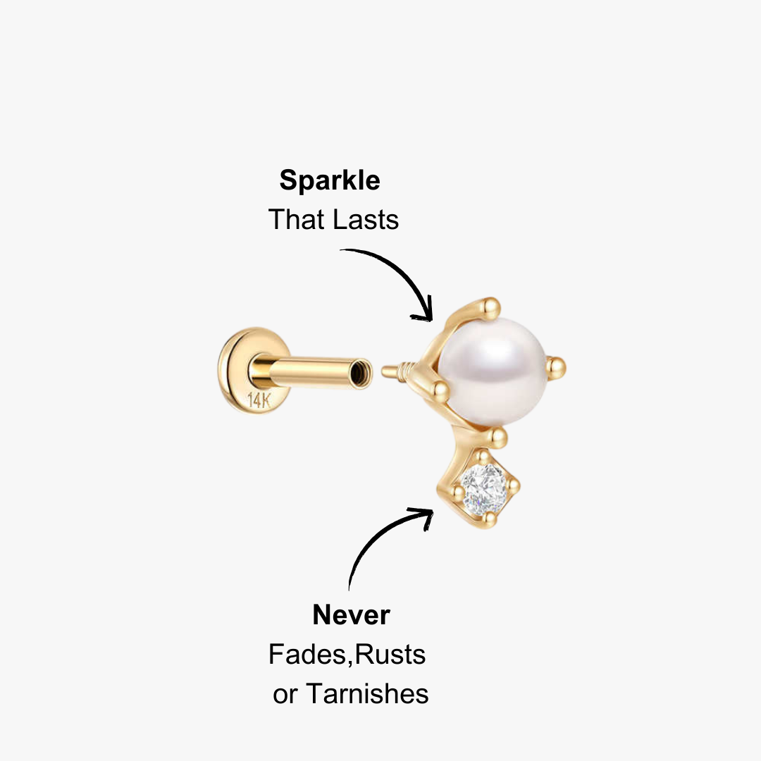 (Single) 14K Solid Gold Pearl and Zirconia Stud Earring