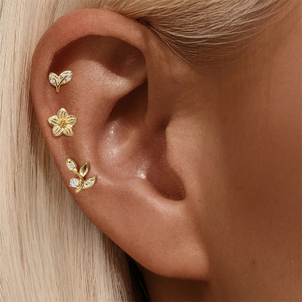 925 Sterling Silver Floral Stud Earrings Set