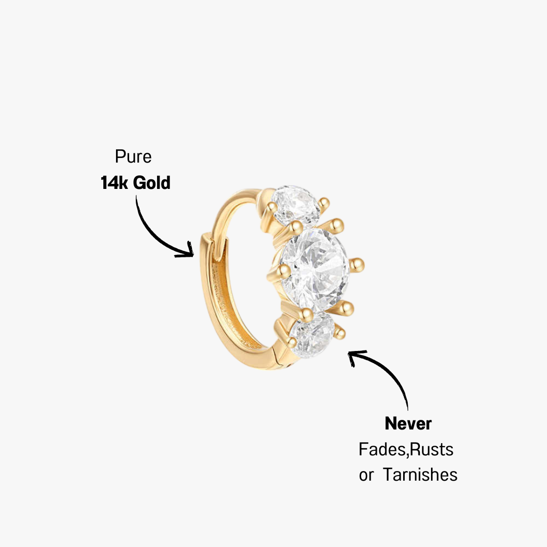 (Single) 14K Solid Gold Three-stone Hoop Earring with Zirconia