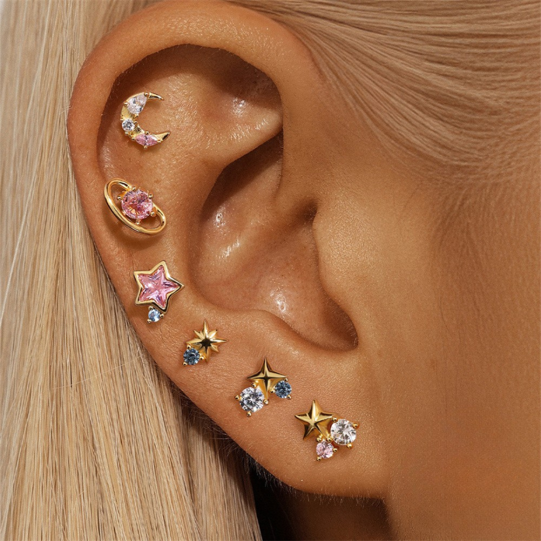 Star and Moon Zirconia Earring Set