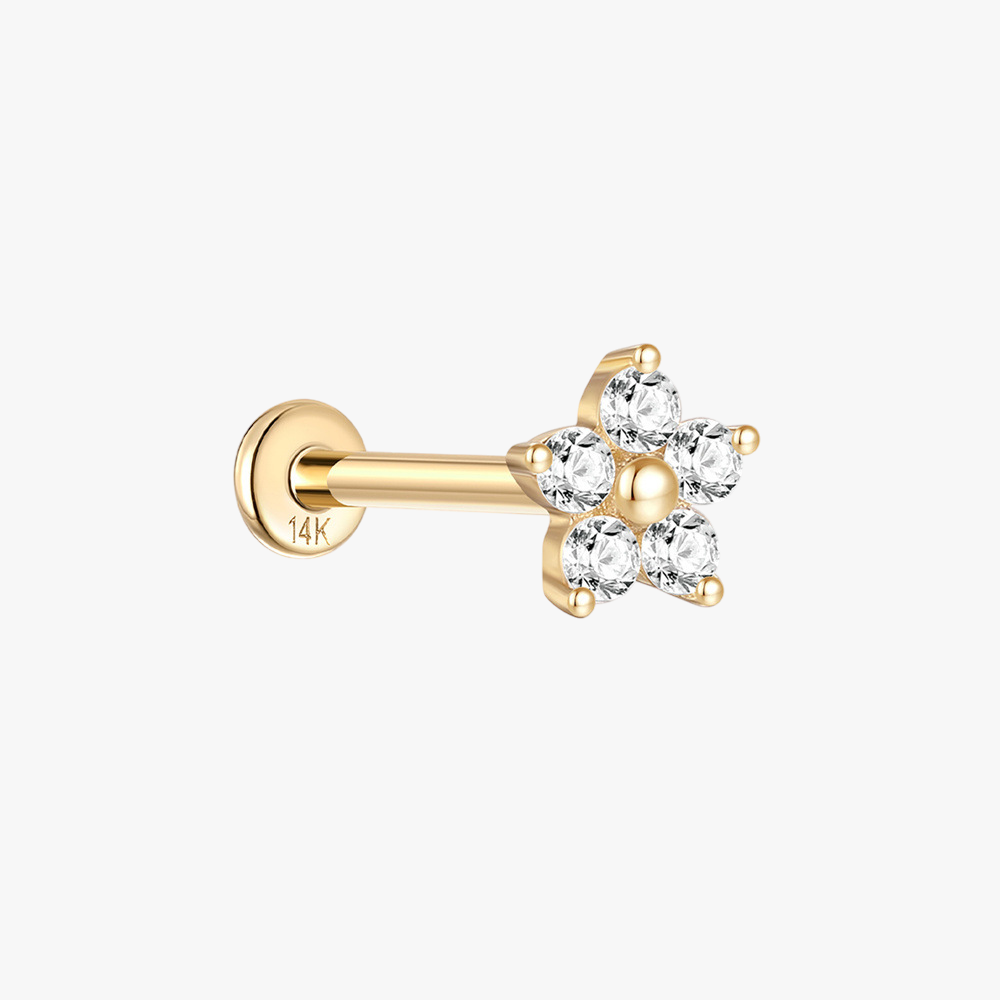 (Single) 14K Solid Gold Flower Stud Earring with Zirconia