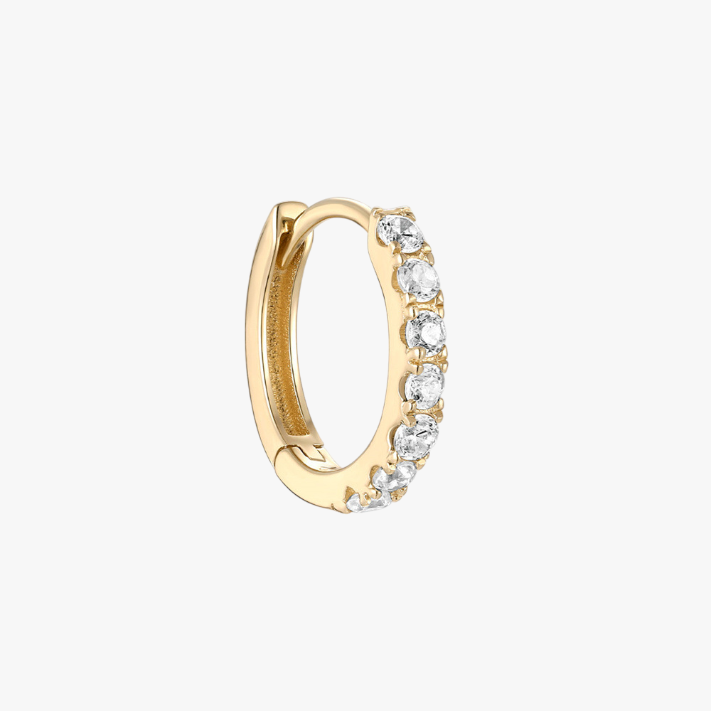 (Single) 14K Solid Gold Round Huggie Hoop Earring with Sparkling Zirconia