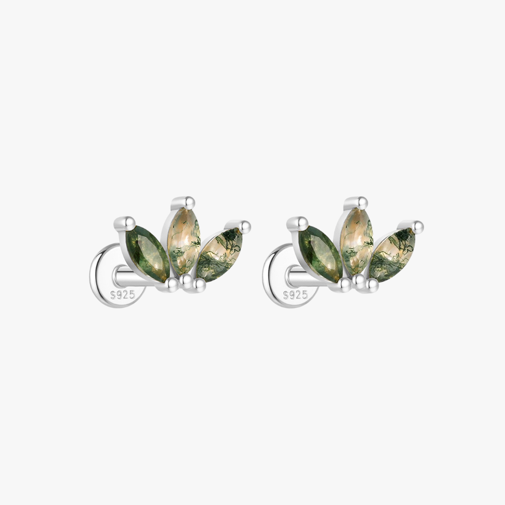 Triple Moss Agate Leaf-Shaped Stud Earrings