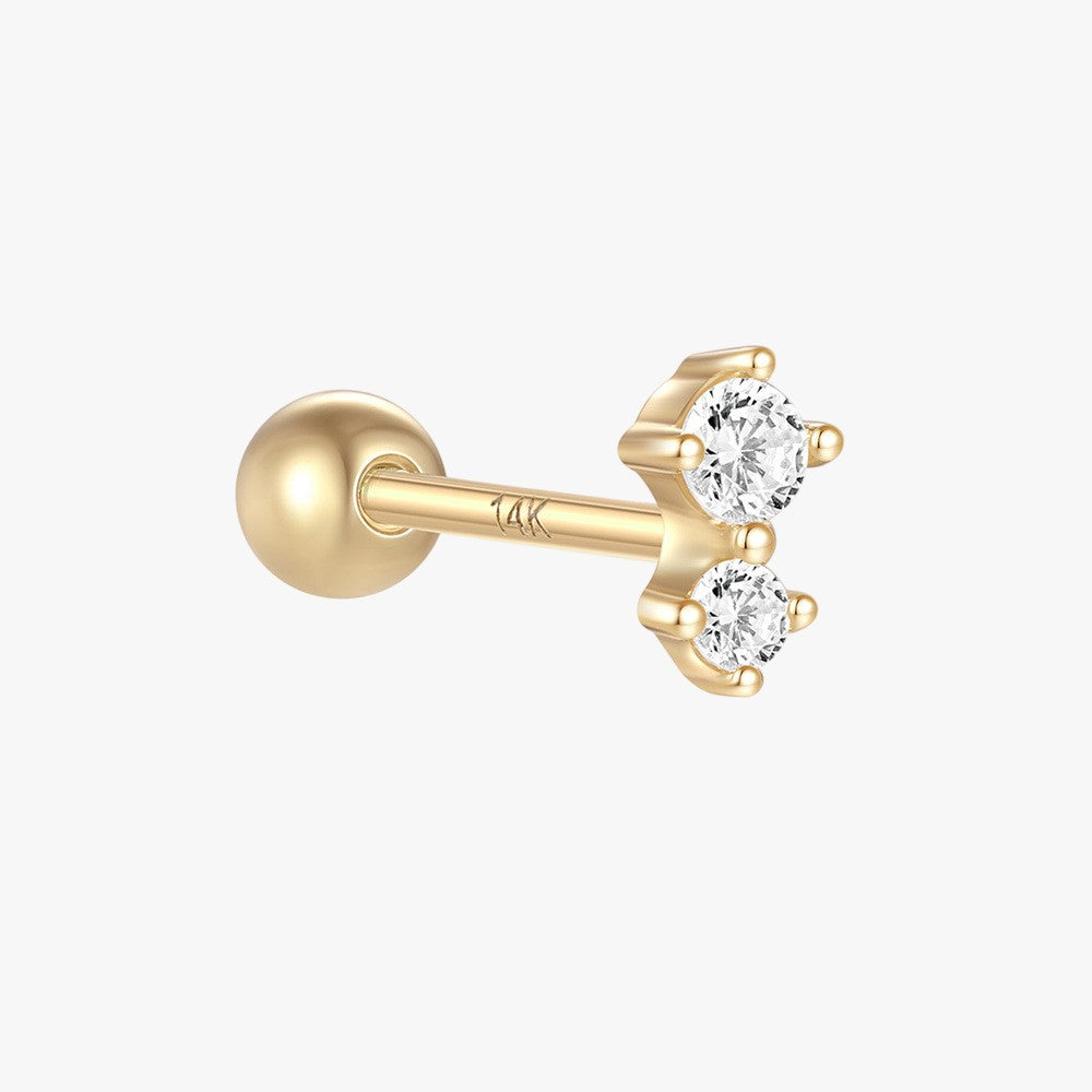 (Single) 14K Solid Gold Double Zirconia Stud Earring