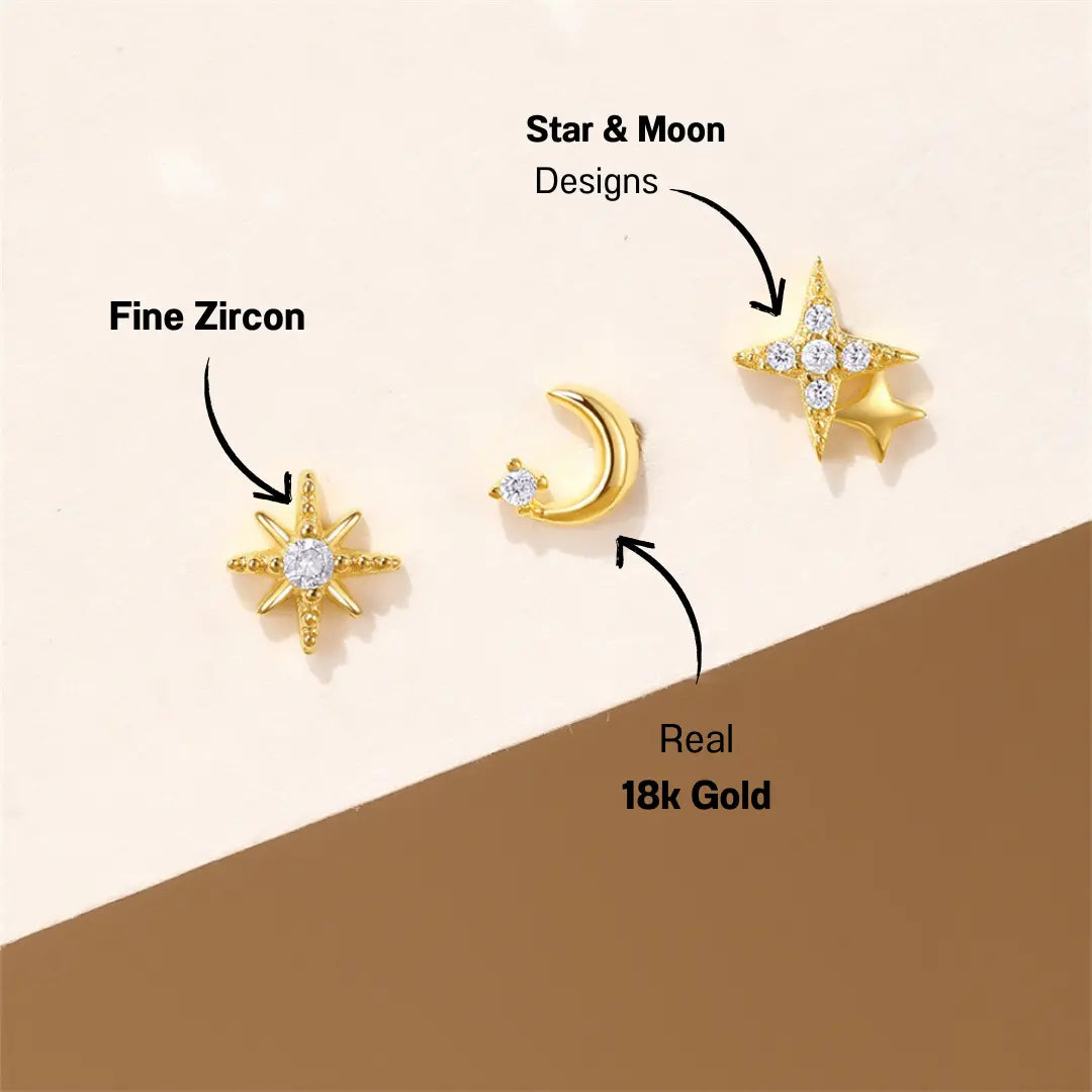 925 Sterling Silver Star and Crescent Moon Stud Earring Set