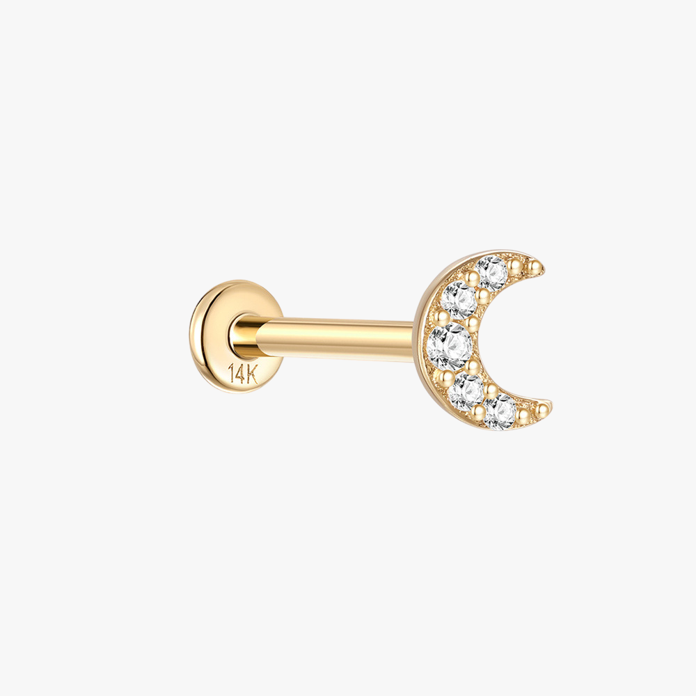 (Single) 14K Solid Gold Crescent Moon Stud Earring with Zirconia