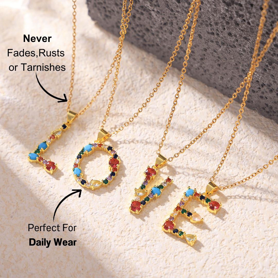 Colorful Zircon Letter Pendant Necklace - Alphabet Collection