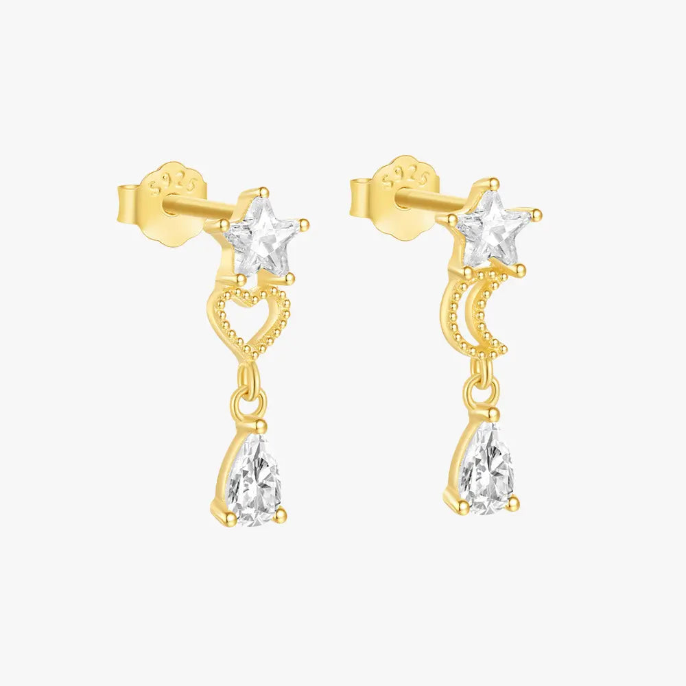 Gold star and moon stud earrings with heart and teardrop crystal dangles, crafted in 925 sterling silver for a celestial-inspired jewelry design.