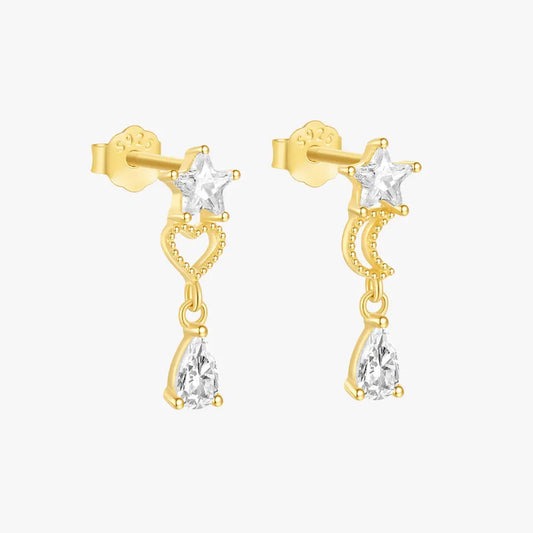 Gold star and moon stud earrings with heart and teardrop crystal dangles, crafted in 925 sterling silver for a celestial-inspired jewelry design.