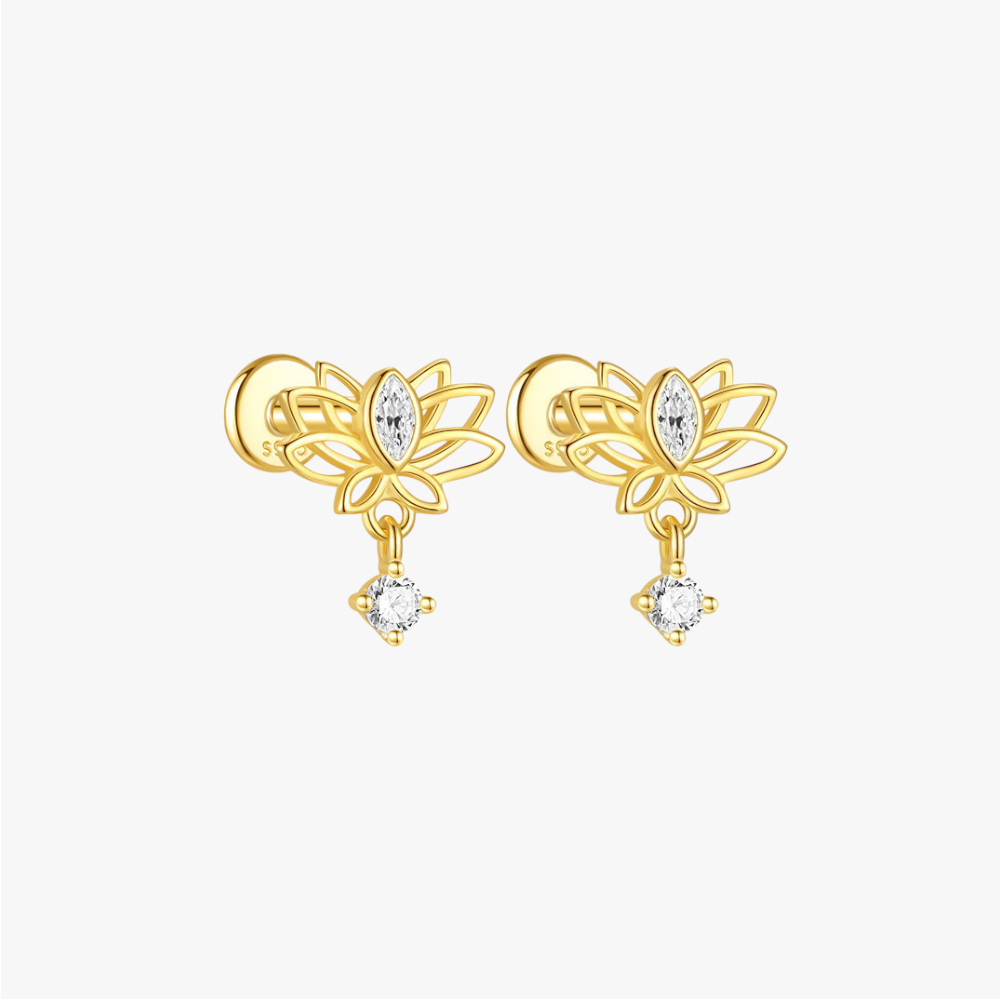 Elegant S925 sterling silver lotus flower stud earrings in gold with sparkling gemstones, perfect for cartilage and helix piercings.