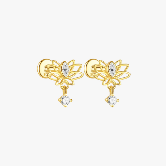 Elegant S925 sterling silver lotus flower stud earrings in gold with sparkling gemstones, perfect for cartilage and helix piercings.