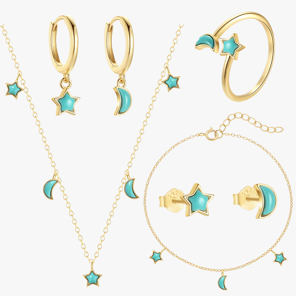 925 Sterling Silver Moon and Star Turquoise Jewelry Set - Gold Plated Necklace, Bracelet, Ring, and Earrings - Women's Fashion Accessories