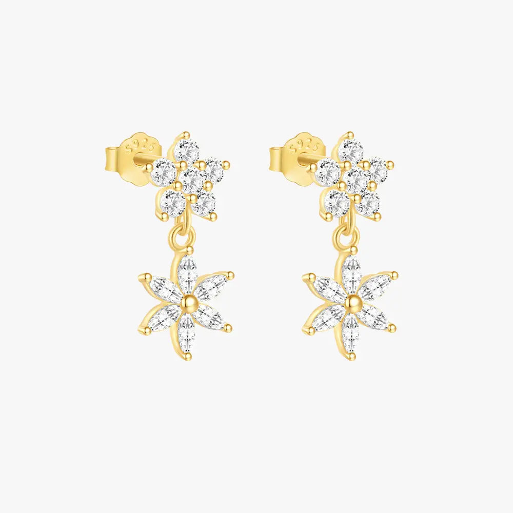 Elegant 925 sterling silver earrings with zirconia flower design and dangling petals, ideal for any occasion.