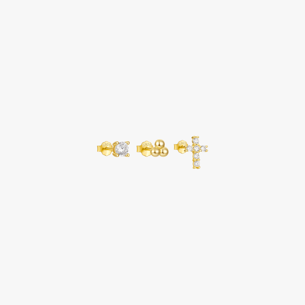 Zircon Cross and Geometric Stud Earring Set