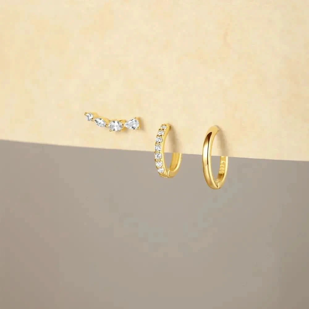 Dainty Cluster and Hoop Gold Earring Set