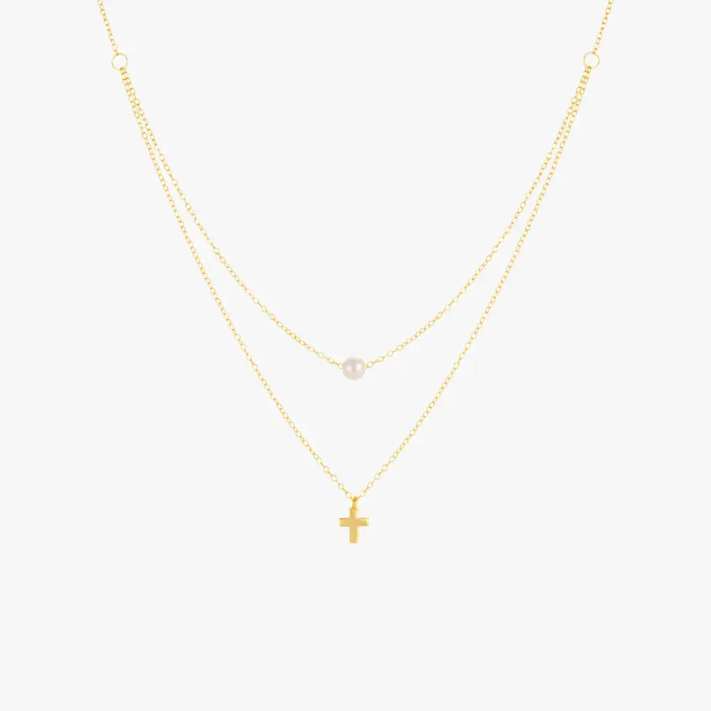 Double Layered Cross & Pearl Pendant Necklace